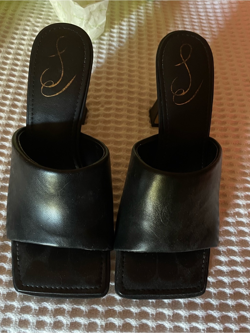 Stuart Weitzman Black Leather Square-Toe Slide Mules